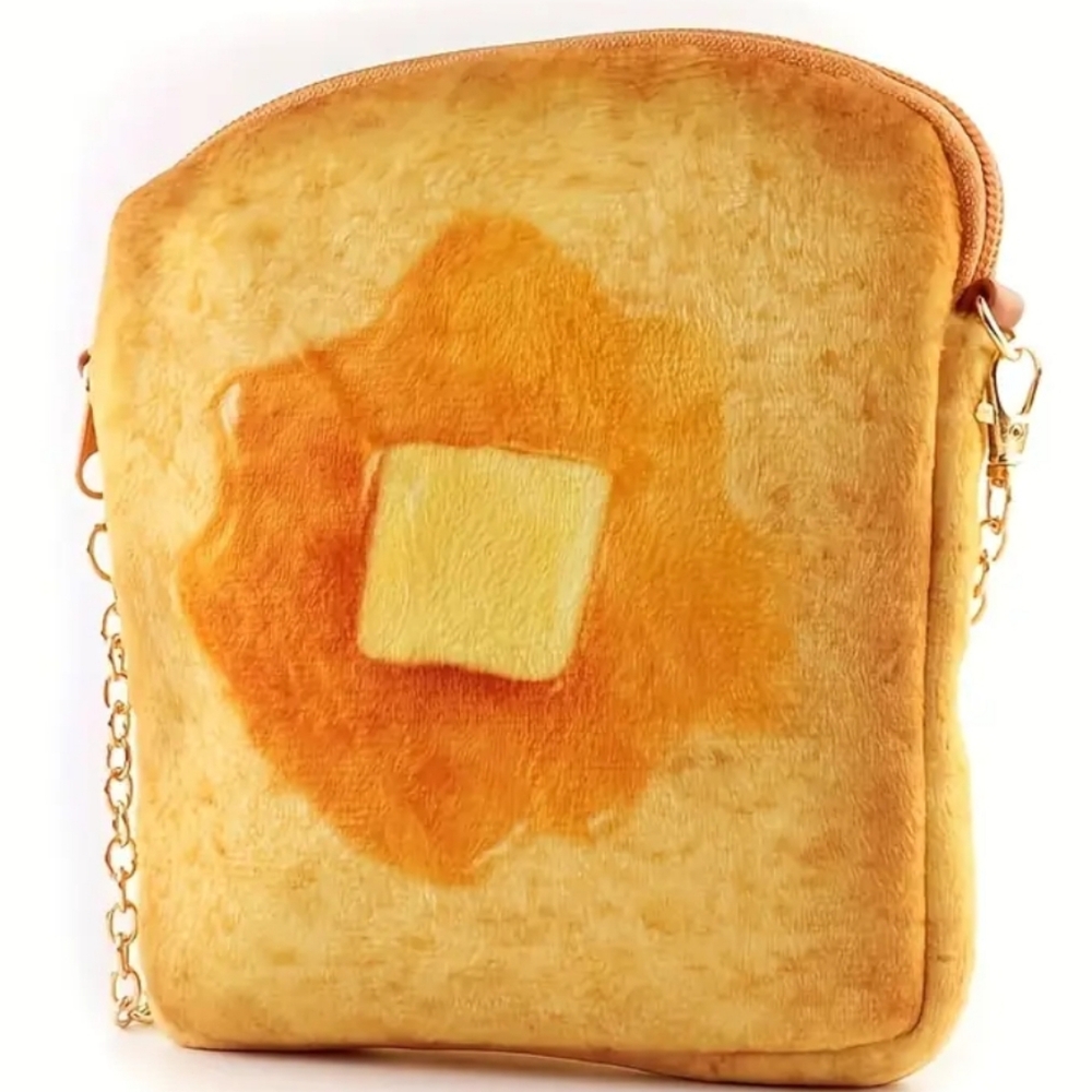 Plush toast shaped crossbody bag gold tone hardware - Picture 3 of 7